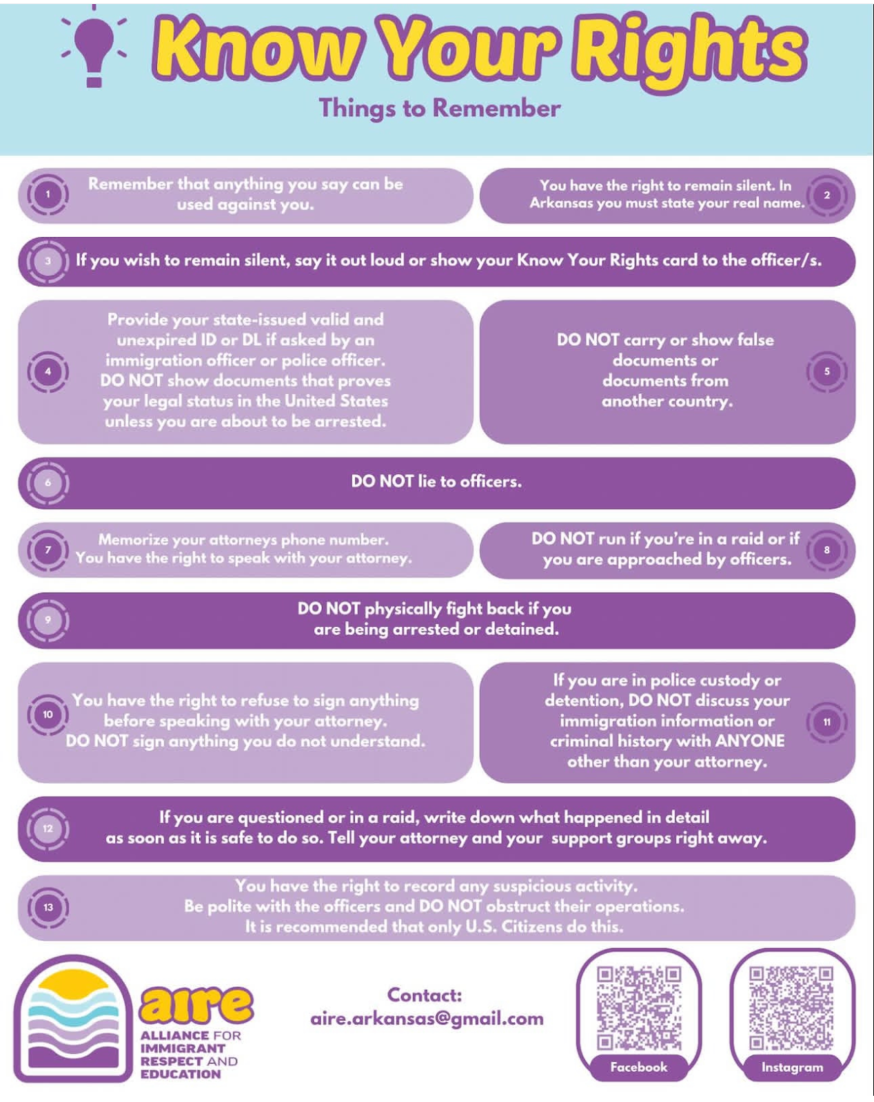 A flyer breaking down Know Your Rights for immigrants. It list out 13 rights for immigrants.